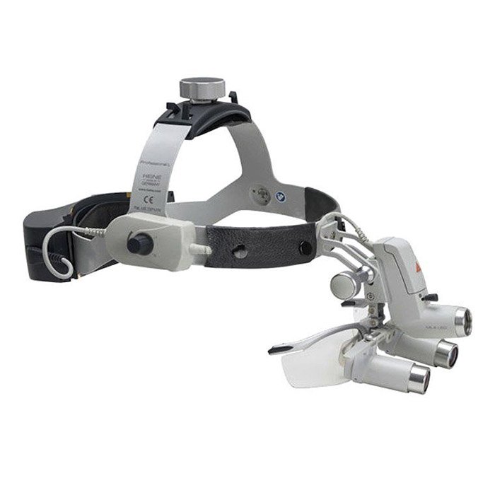 Налобный осветитель ML4 LED UNPLUGGED с лупой HRP 6Х/340 мм и защитным щитком, Heine, Германия